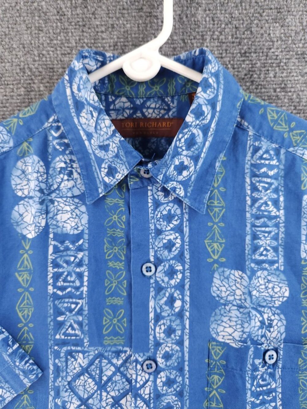Tori Richard Short Sleeve Blue White Green Silk Linen Men Small Pocket Button Up